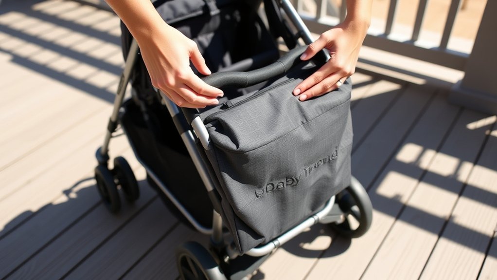 Baby Trend stroller in fully folded position with locking mechanism engaged