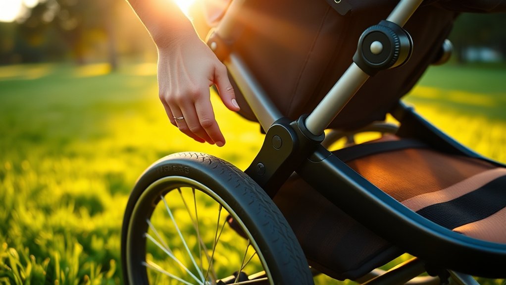 Close-up of brake lever on Baby Trend stroller rear wheel being engaged with foot