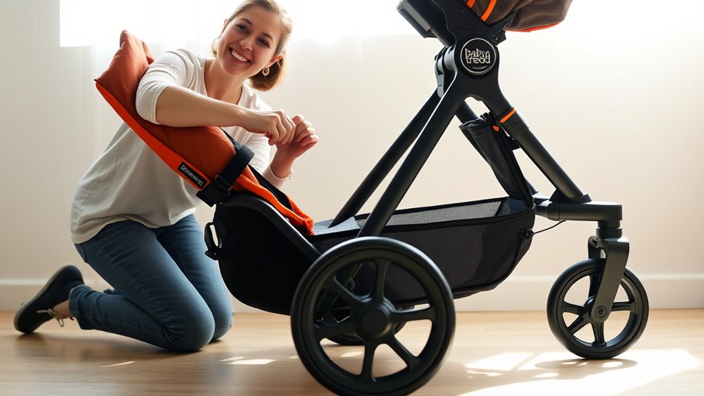 Person inspecting Baby Trend stroller hinges and clearing debris for smooth folding