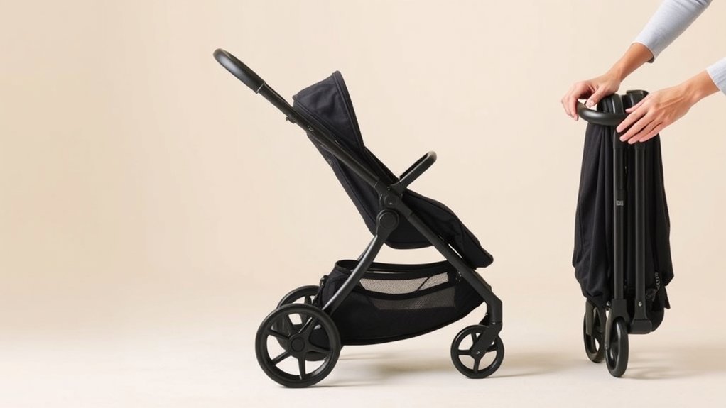 Hand pressing release latch on Baby Trend stroller handlebar to initiate one-hand fold