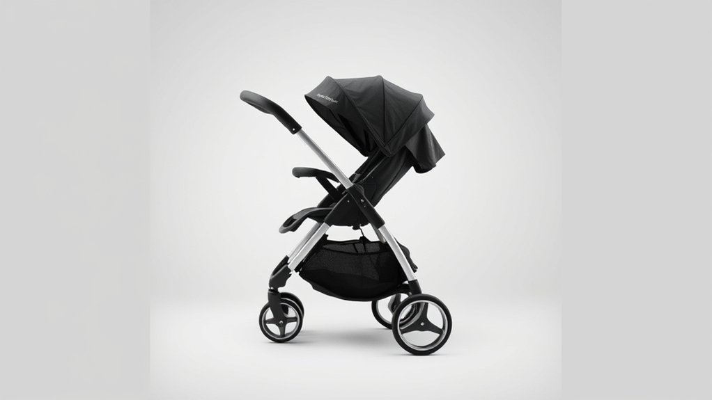 Folded Baby Trend stroller stored vertically in home closet with other baby gear